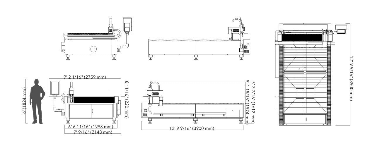 OMTech FC-105C, Fiber Laser, product, schematics, dimensions